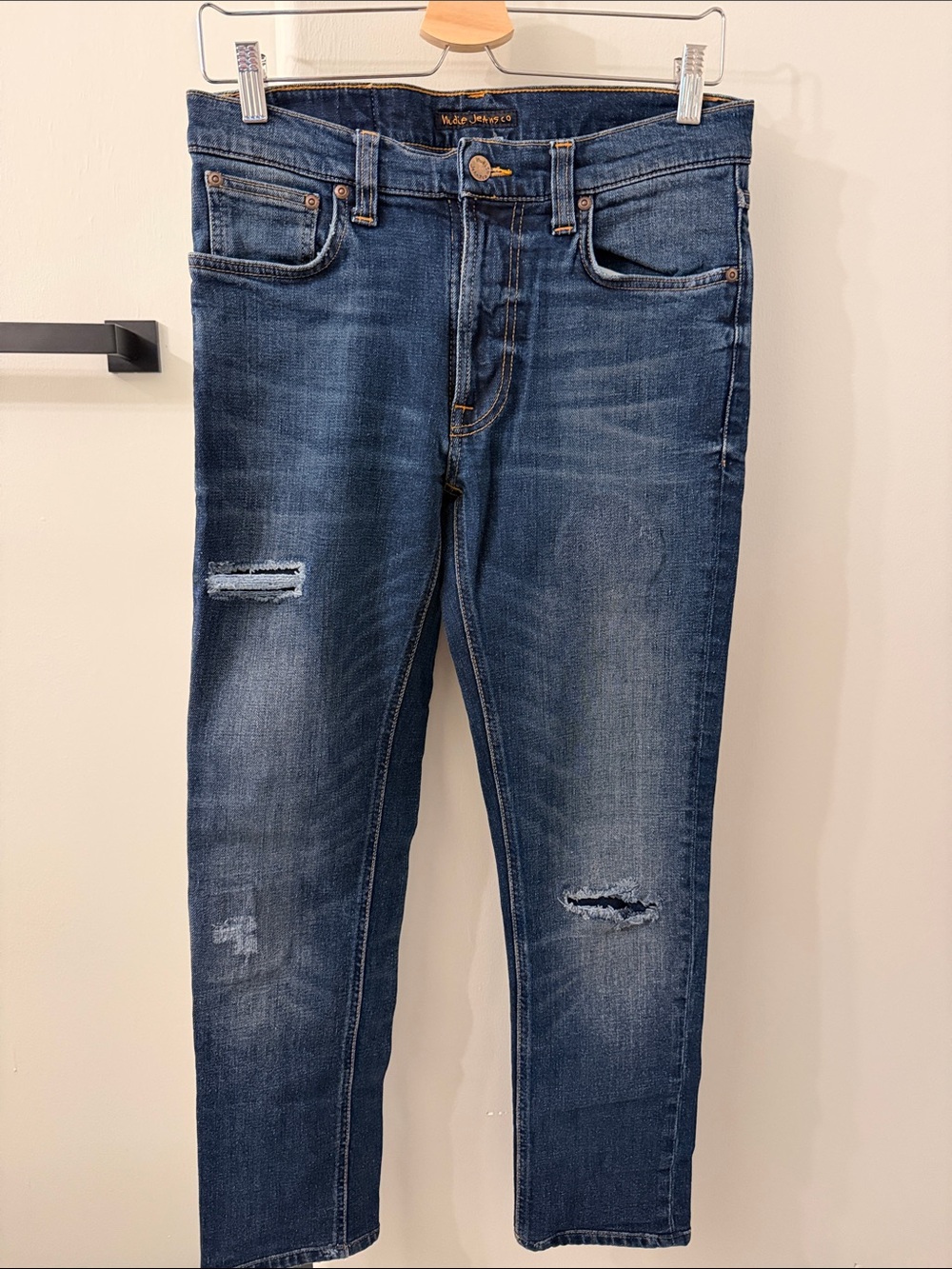 Nudie Jeans Slim Straight Distressed Blue Denim